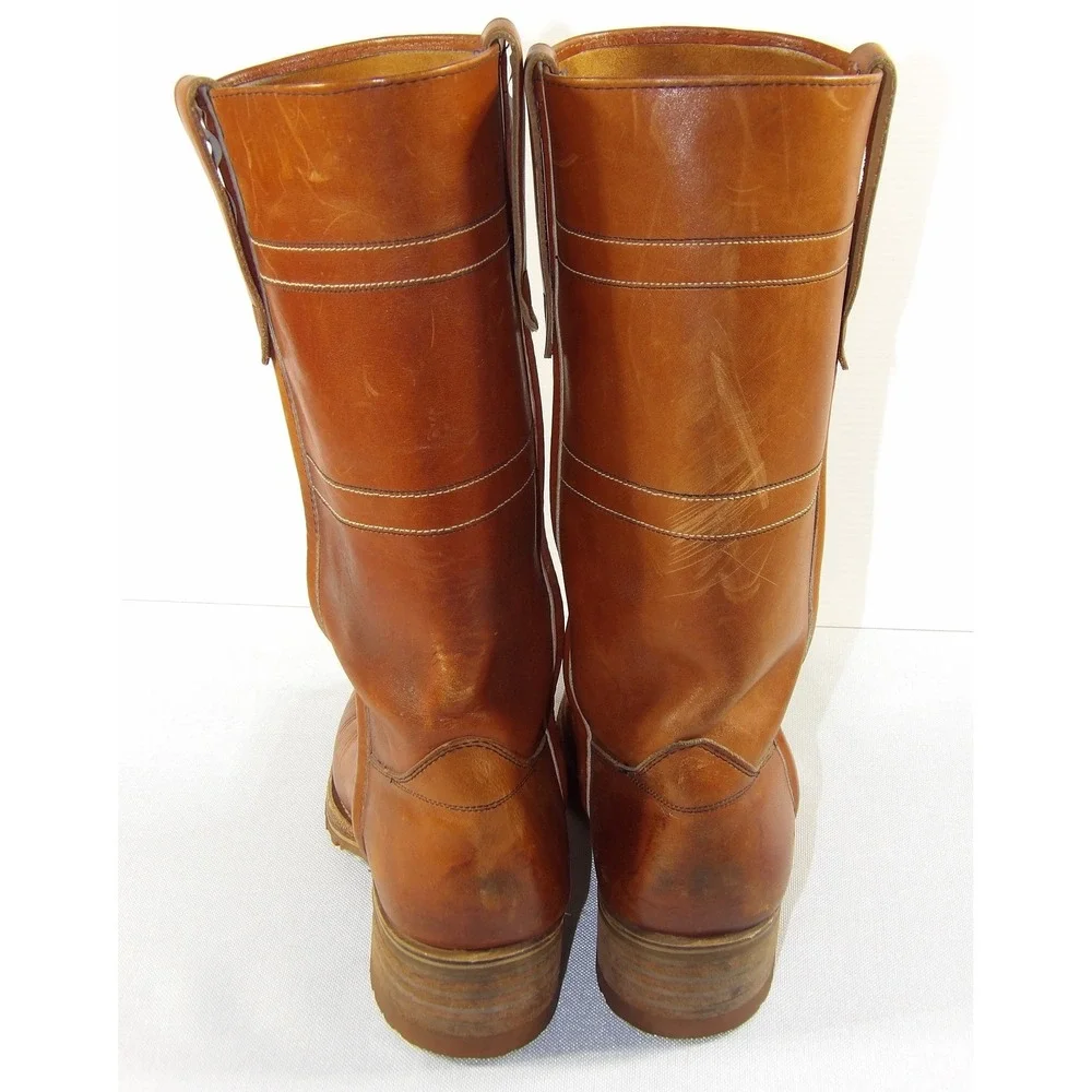 Vintage Tall Leather Pull On Boots Mens 8.5 Tan Good Vibram Lug Sole Work Moto